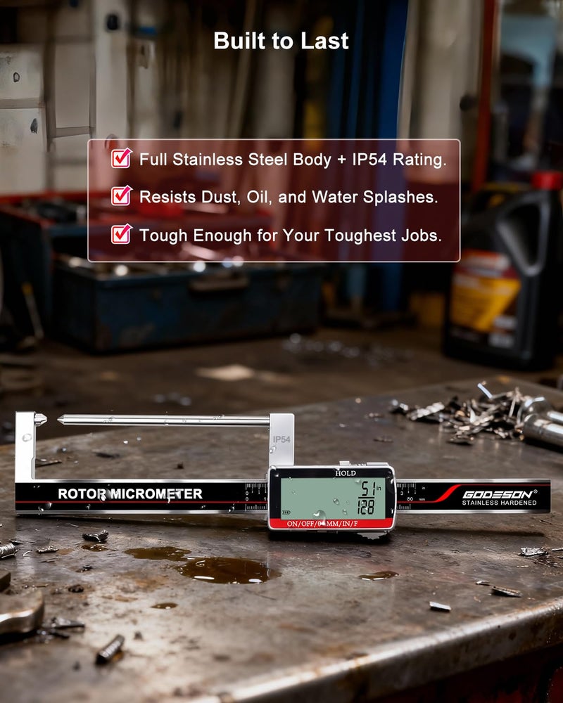 GODESON Brake Rotor Gauge, Rechargeable Digital Caliper 3.25-Inch ±0.03mm Accuracy, Stainless Steel Body, Large LCD Display with Hold, mm/inch/F Units, IP54, Measures Discs Without Removing Wheels - Image 5